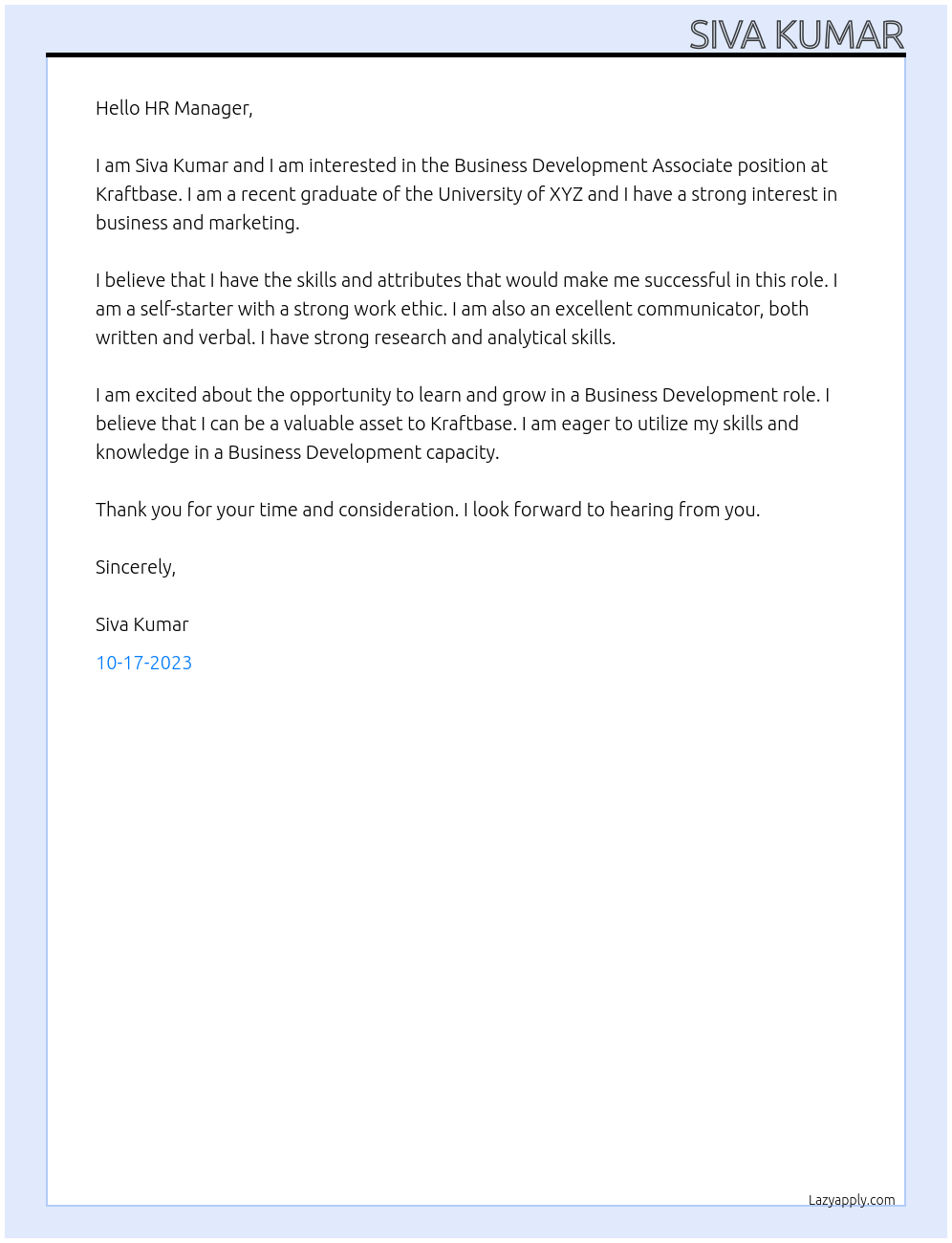 Business Development Associate At Kraftbase Cover Letter