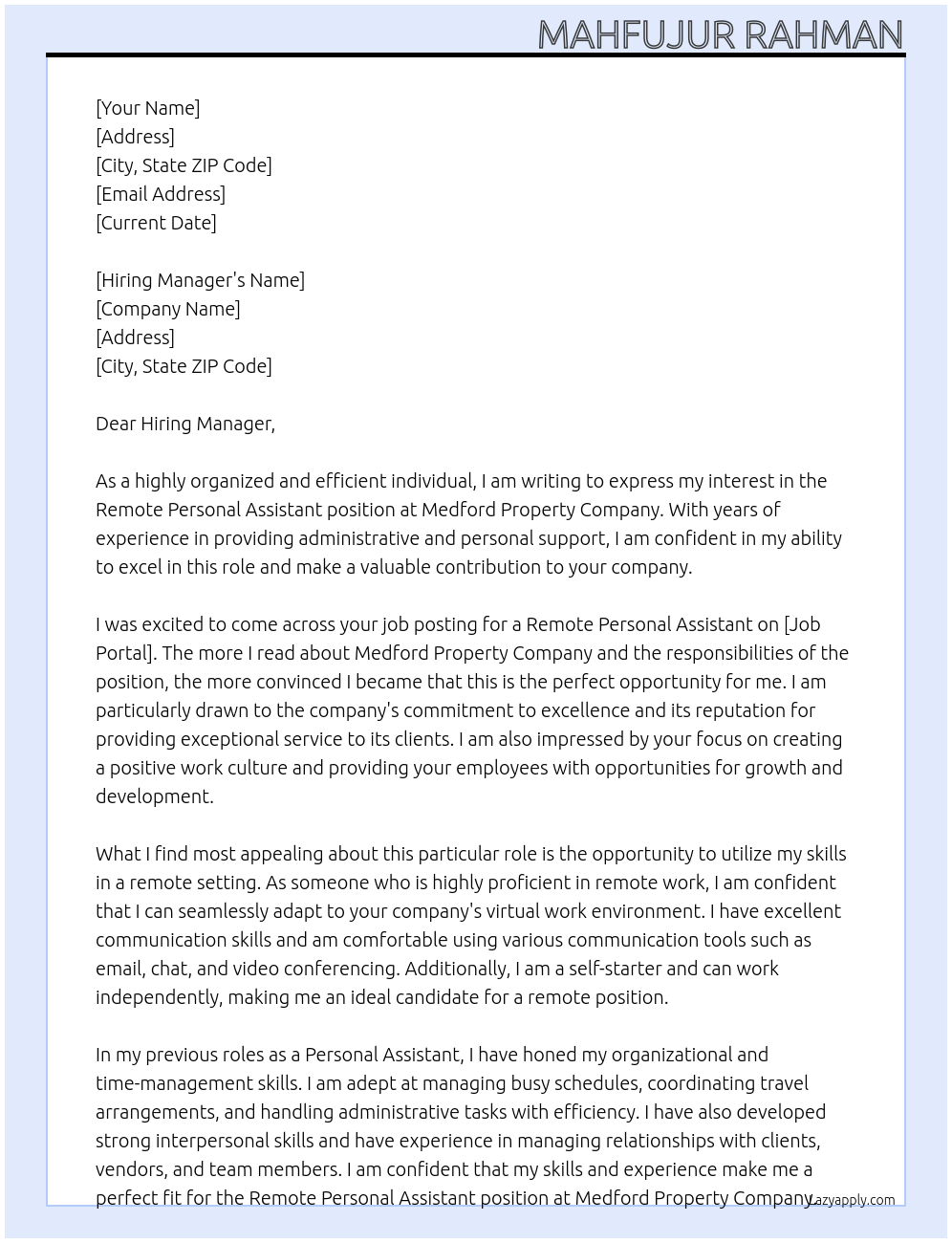 Remote Personal Assistant At Medford Property Company Cover Letter