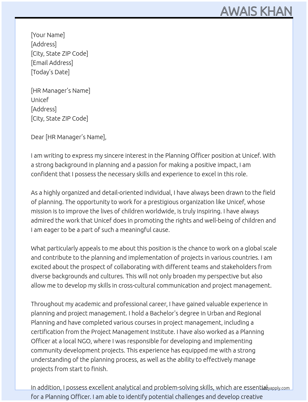 planning officer At Unicef Cover Letter