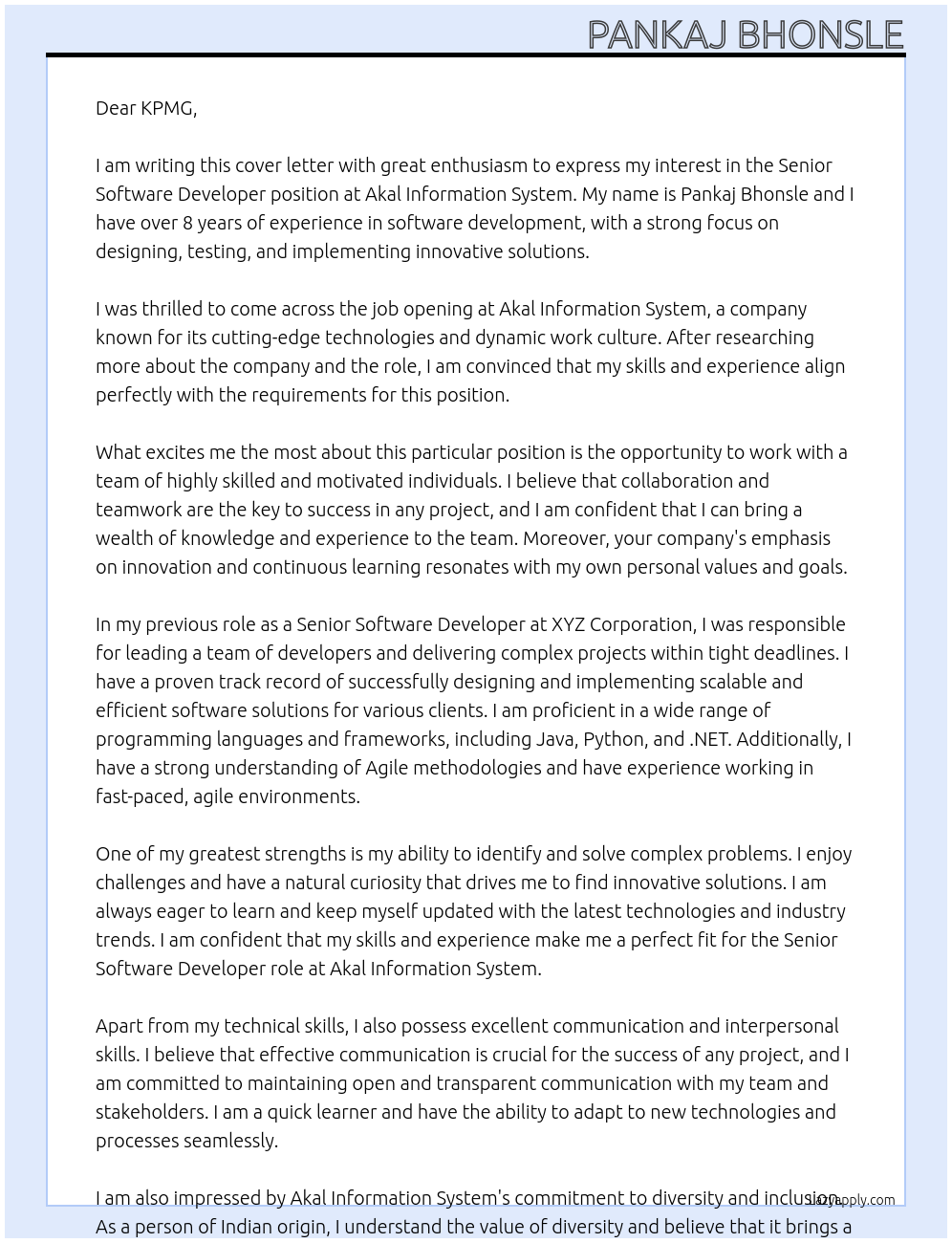 Sr software developer At Akal information system Cover Letter