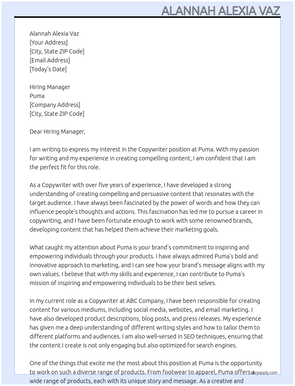 Copywriter At Puma Cover Letter