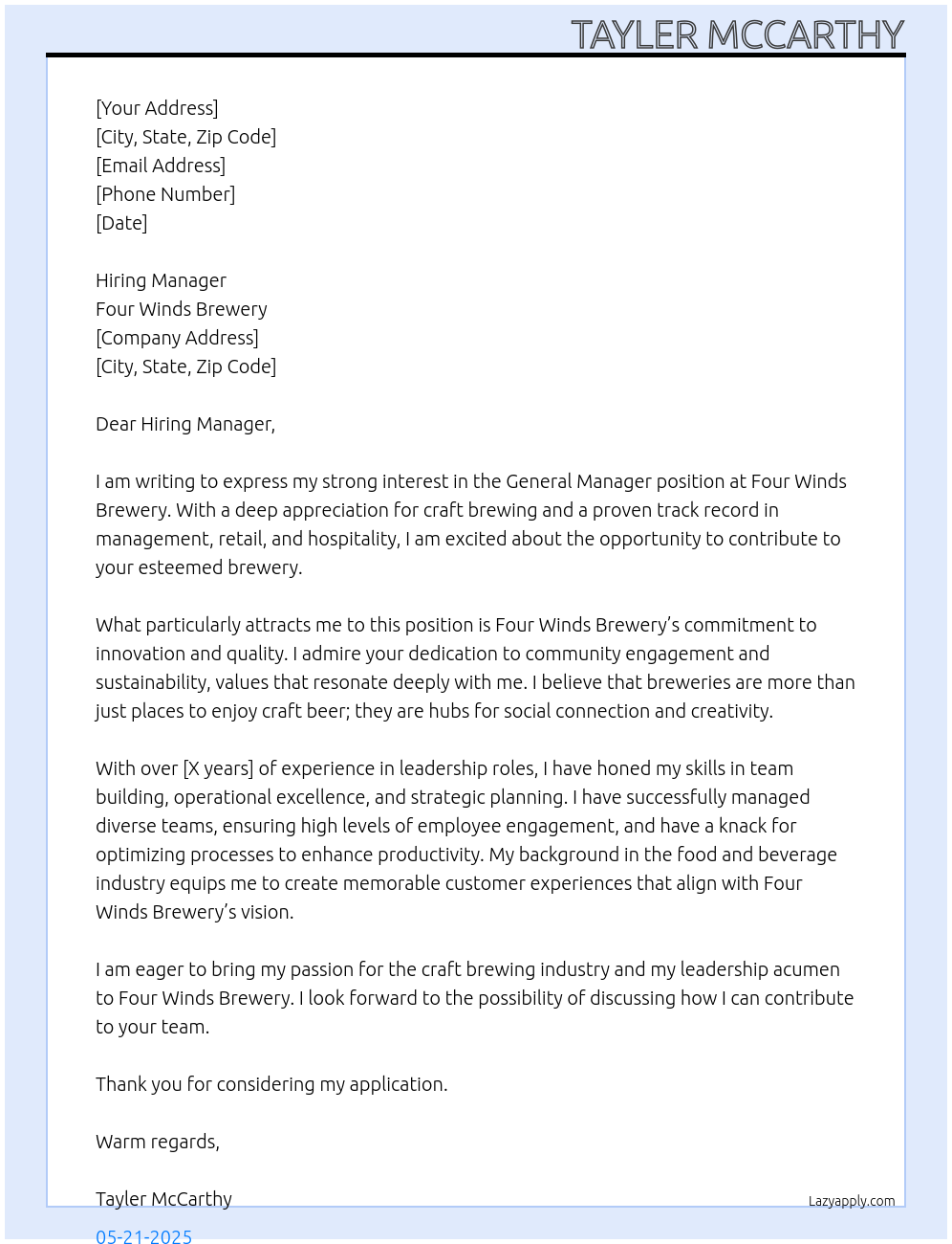 General Manager At Four Winds Brewery Cover Letter