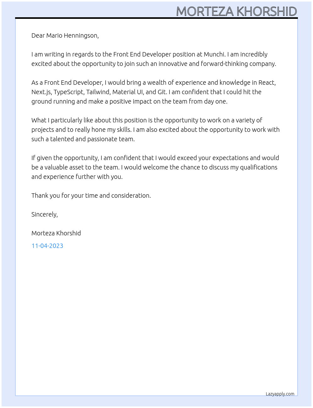 front end developer At Munchi Cover Letter
