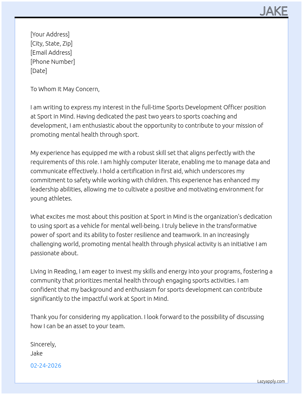 Sports development officer At Sport in mind Cover Letter