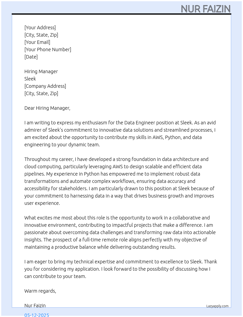 Data Engineer At Sleek Cover Letter