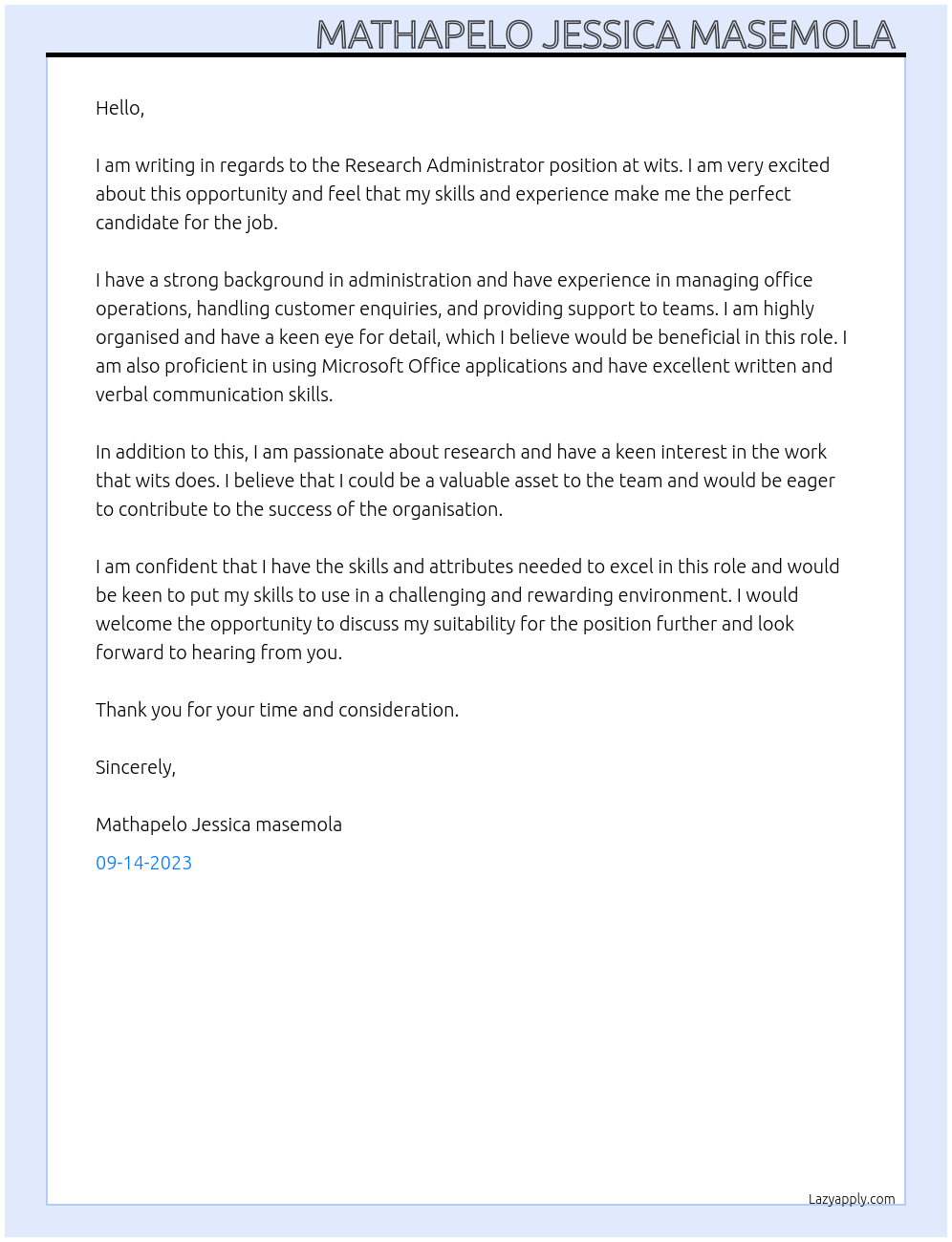 Research Administrator At wits  Cover Letter