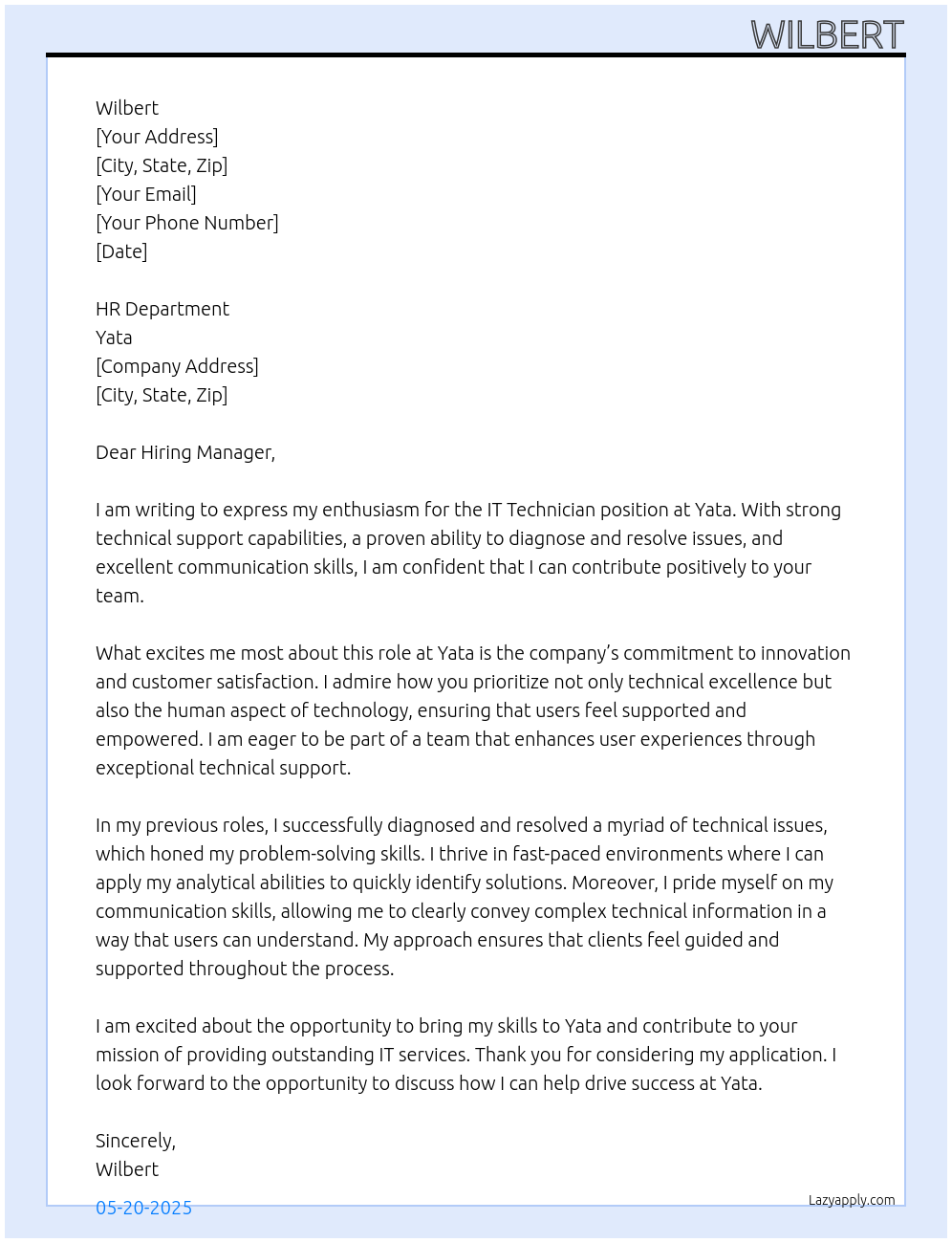 it technician At yata Cover Letter