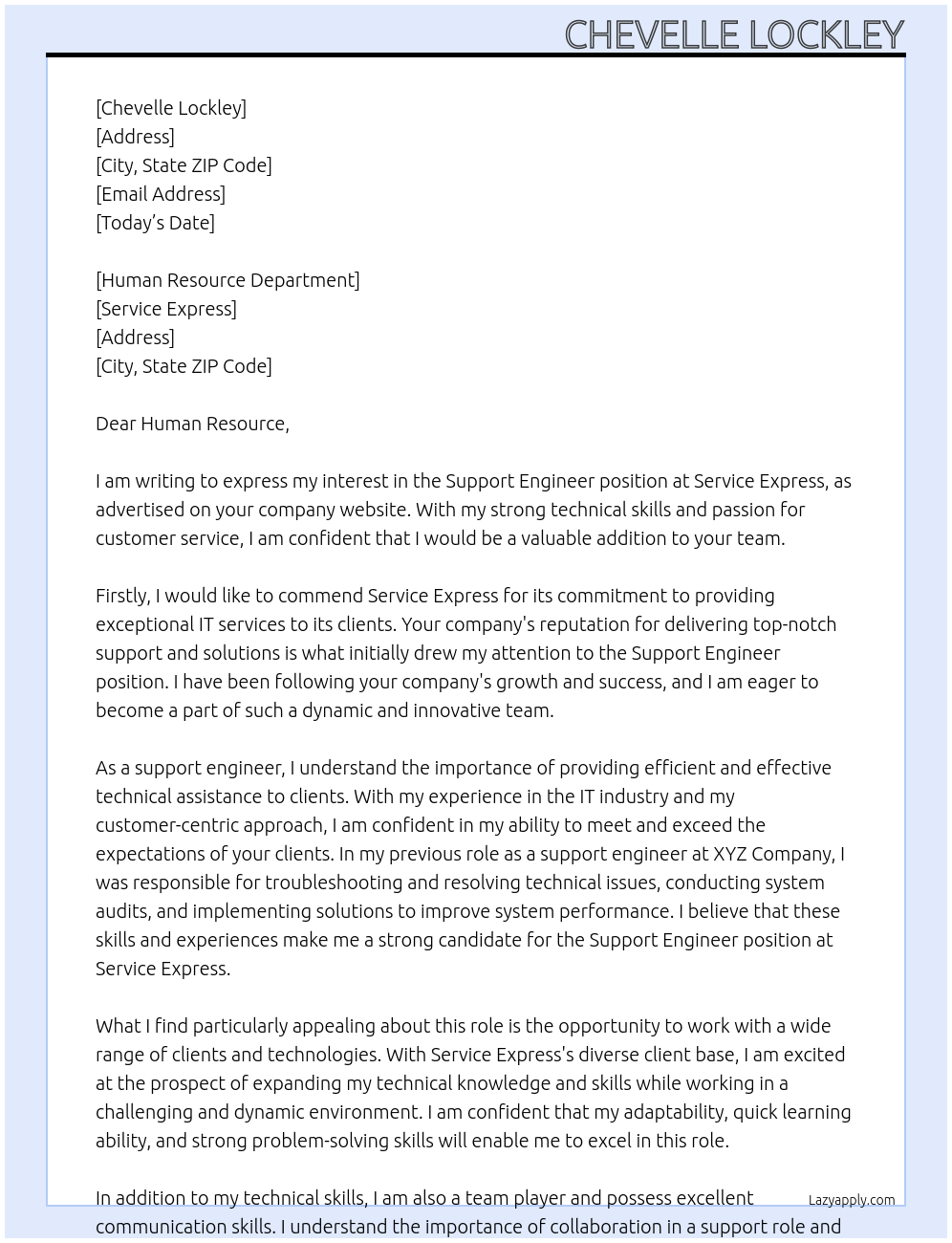 Support Engineer At Service Express Cover Letter