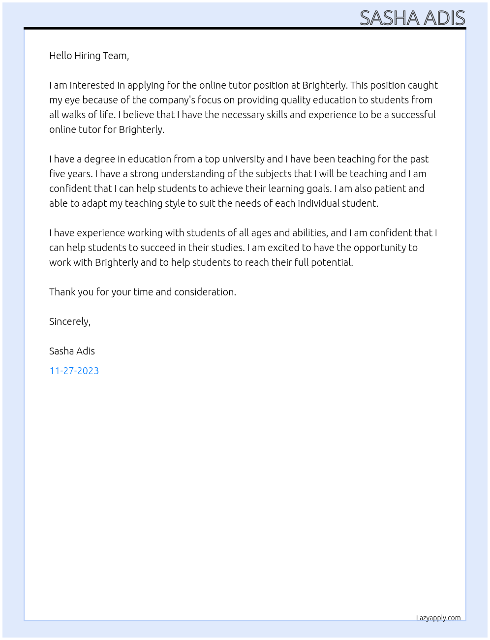 online tutor At Brighterly Cover Letter