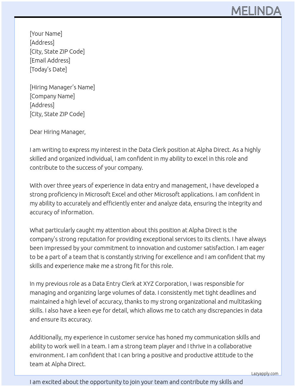 Data Clerk At Alpha Direct Cover Letter