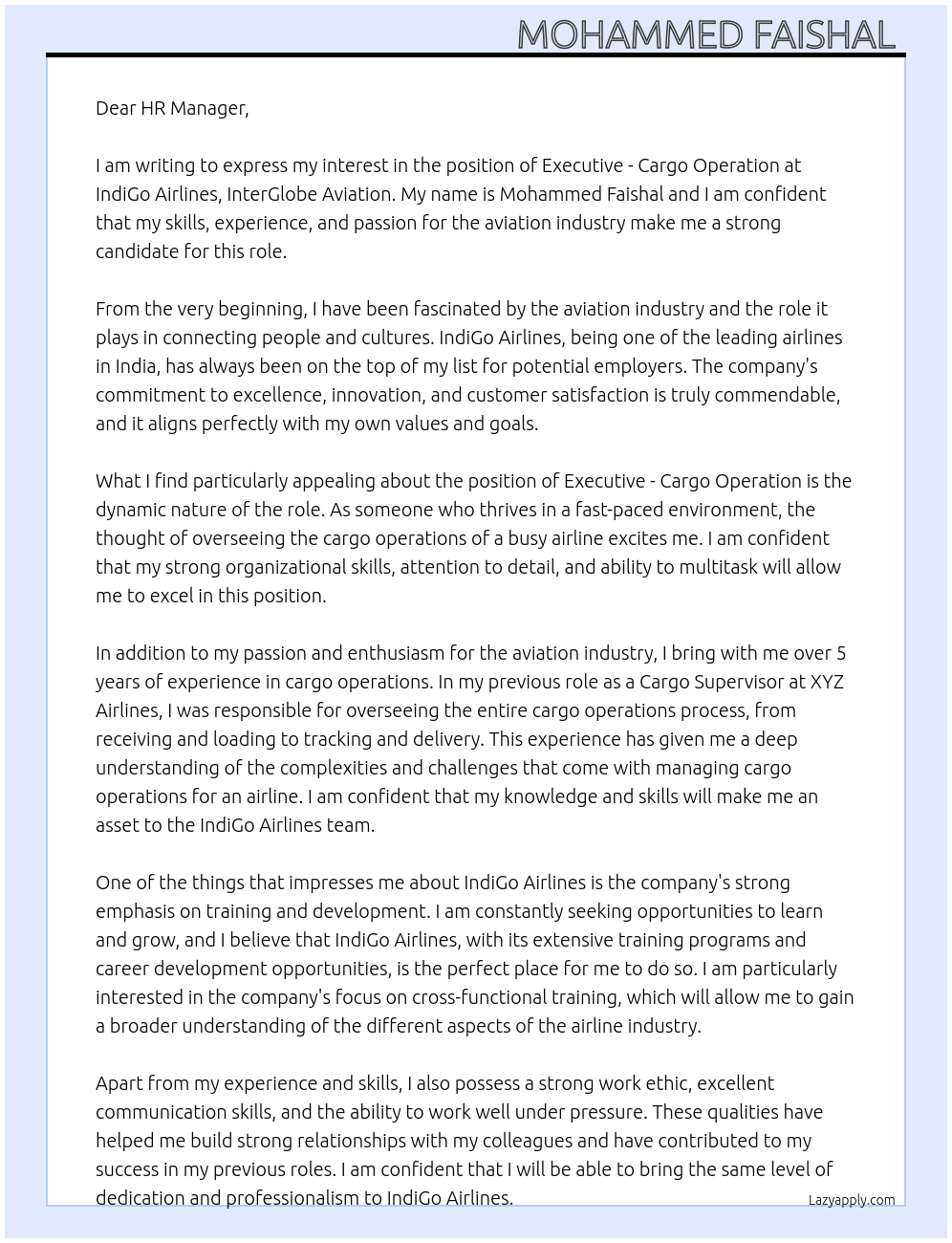 Executive - Cargo operation At IndiGoAirlines,InterGlobe Aviation Cover Letter