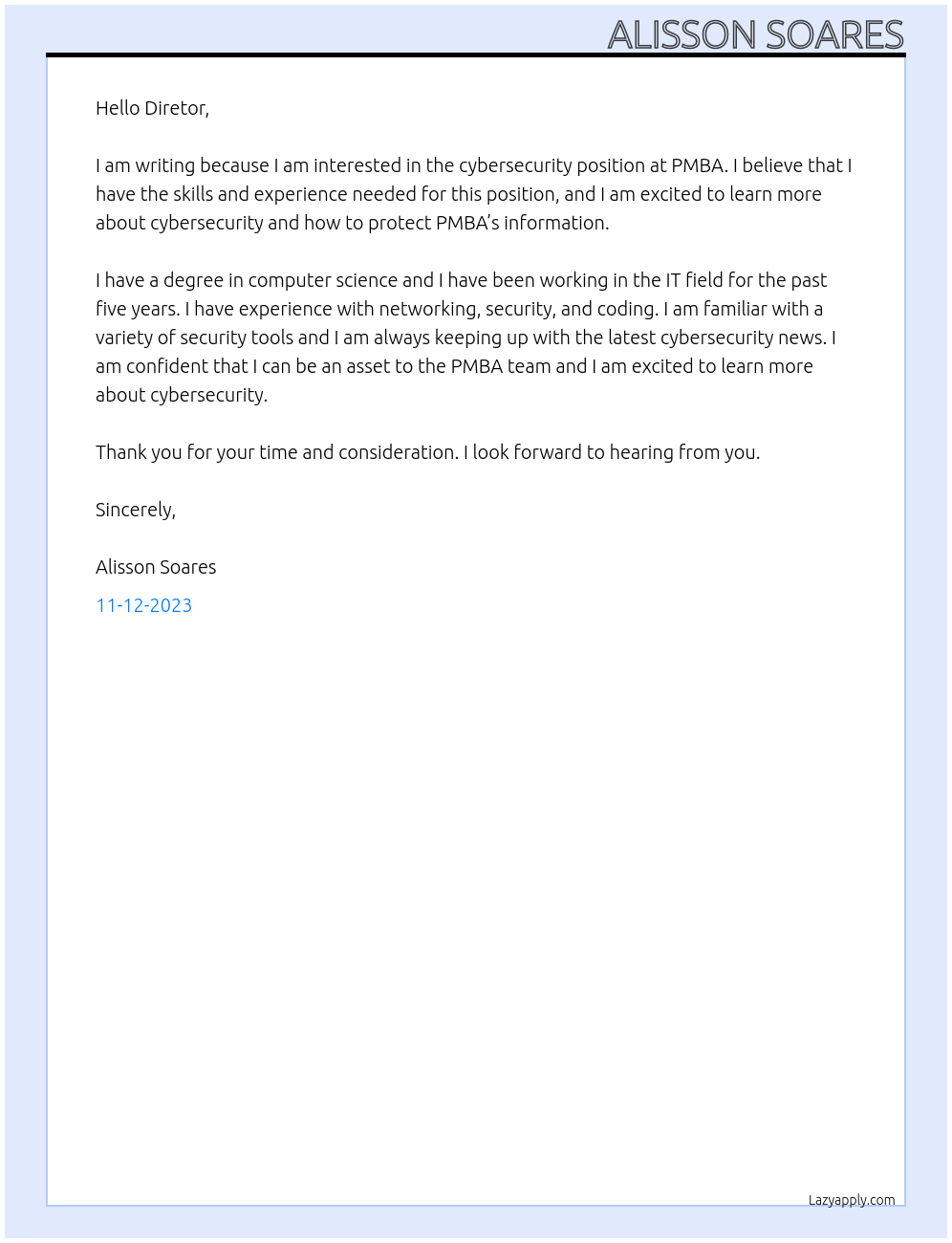 Cybersecurity  At PMBA Cover Letter