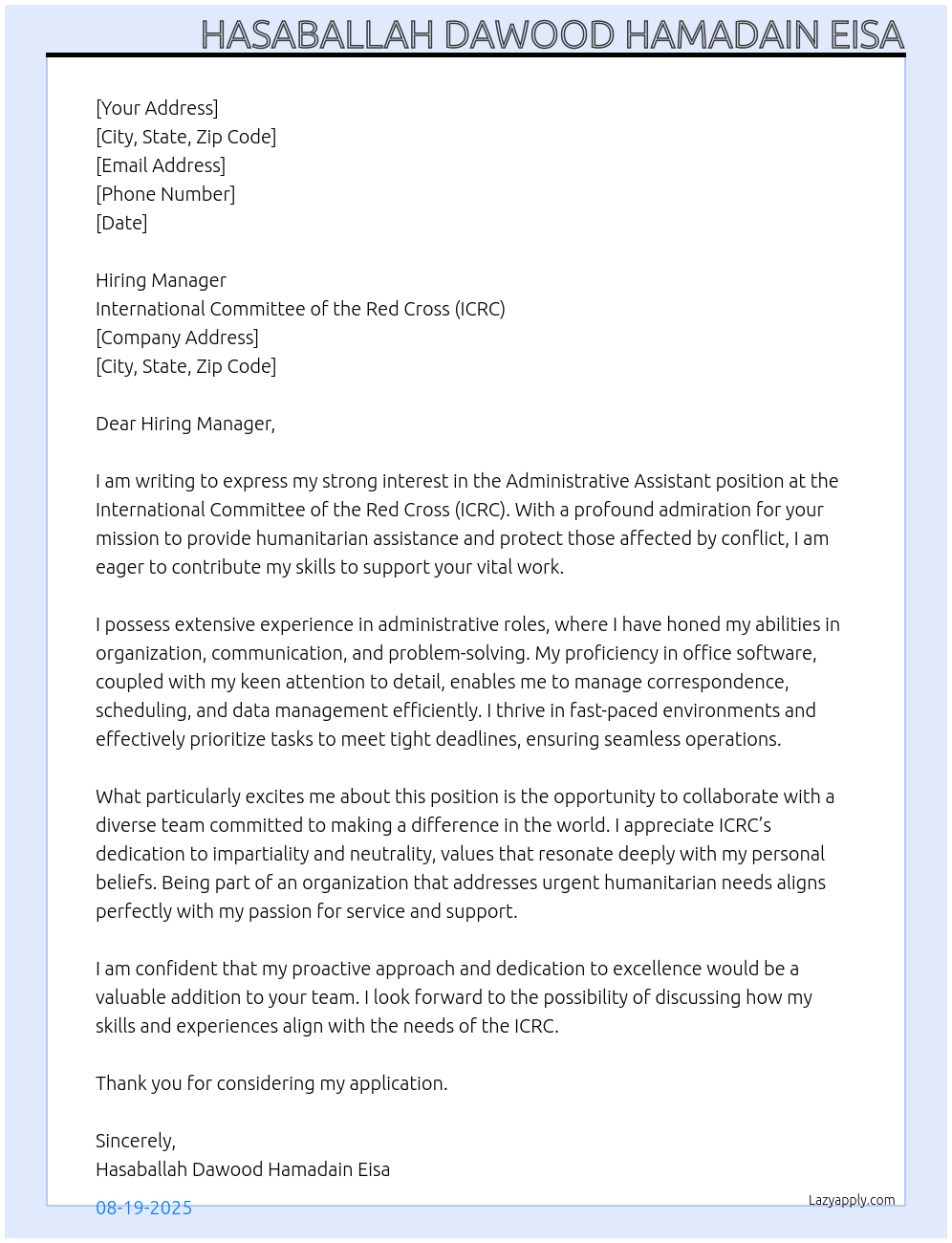 Administrative assistant At ICRC Cover Letter