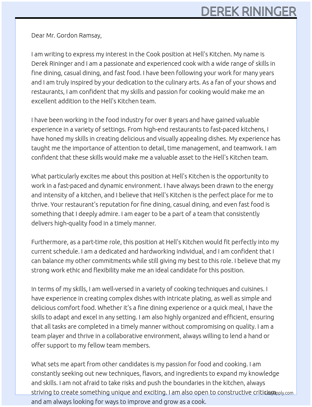 Cook At Hell's kitchen Cover Letter