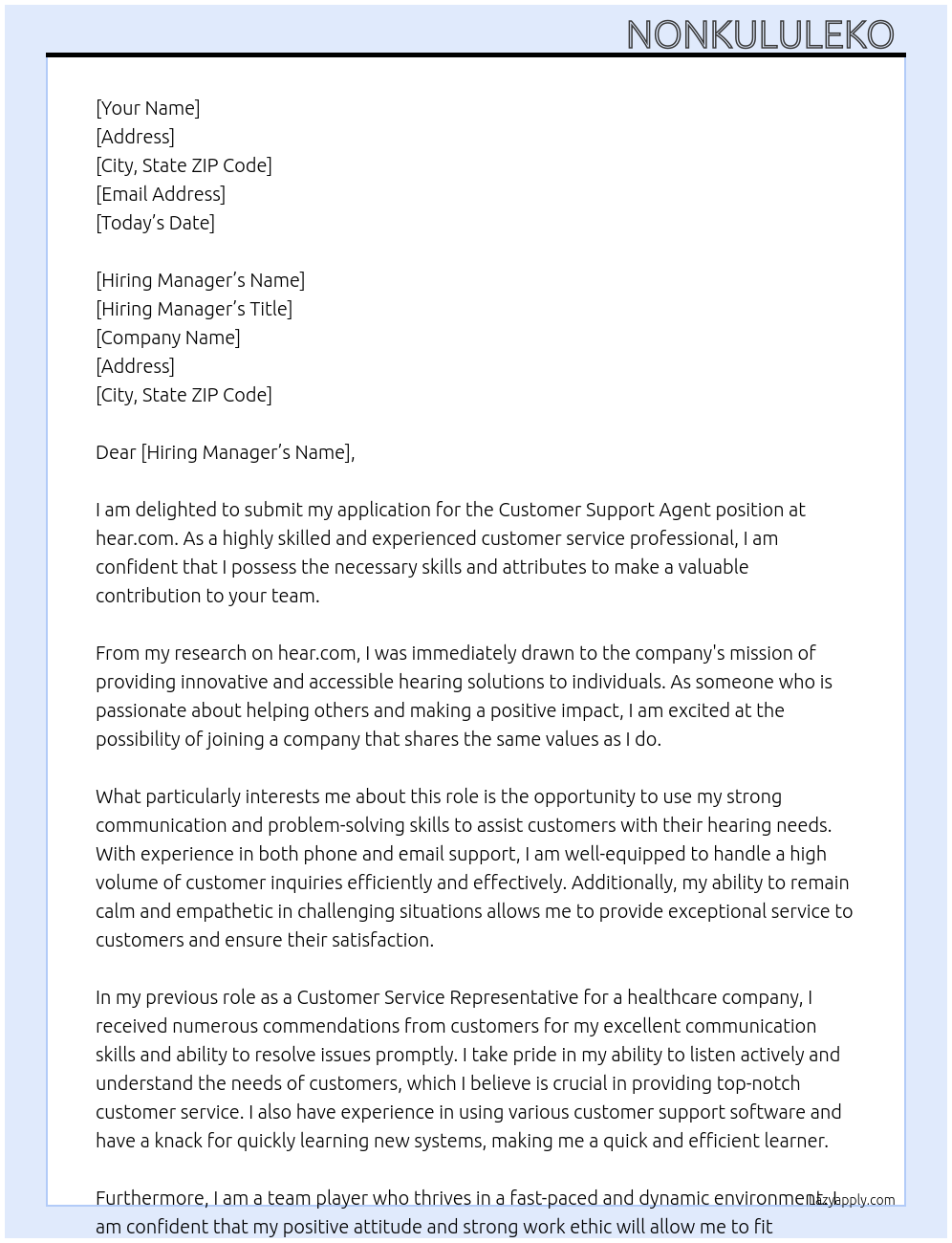 Customer support Agent At hear.com Cover Letter