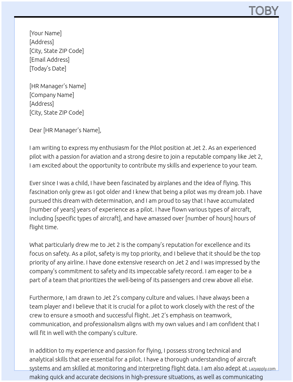 Pilot At Jet 2 Cover Letter