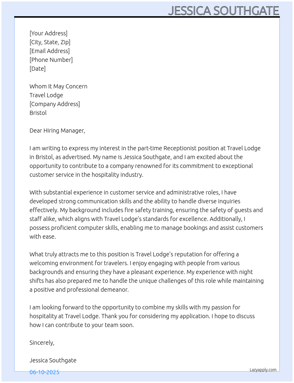 Receptionist At Travel lodge Cover Letter