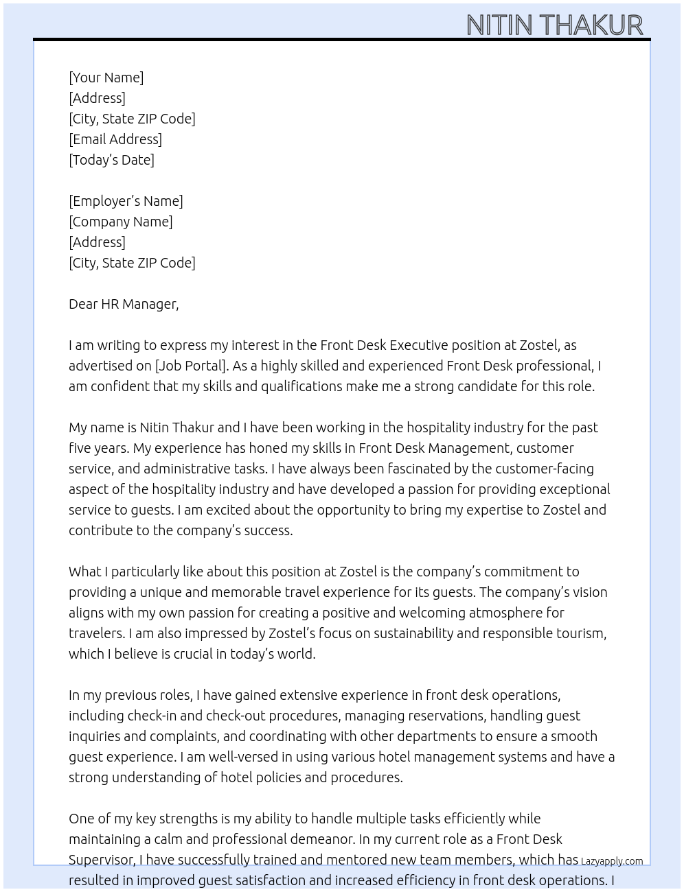 Front Desk Executive  At Zostel Cover Letter
