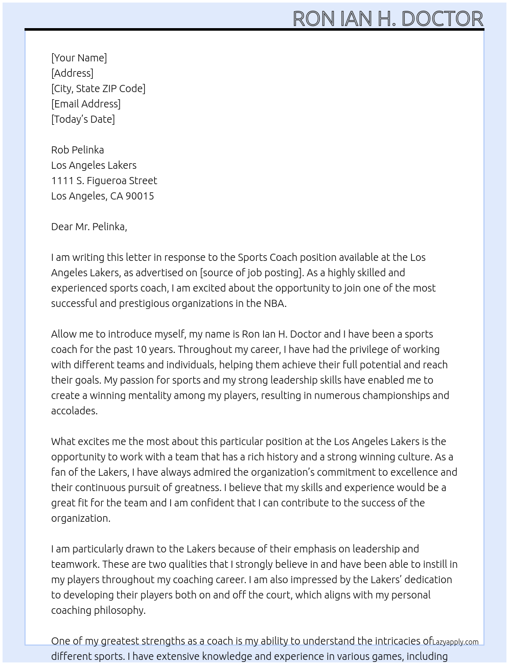 Sports Coach At Los Angeles Lakers Cover Letter