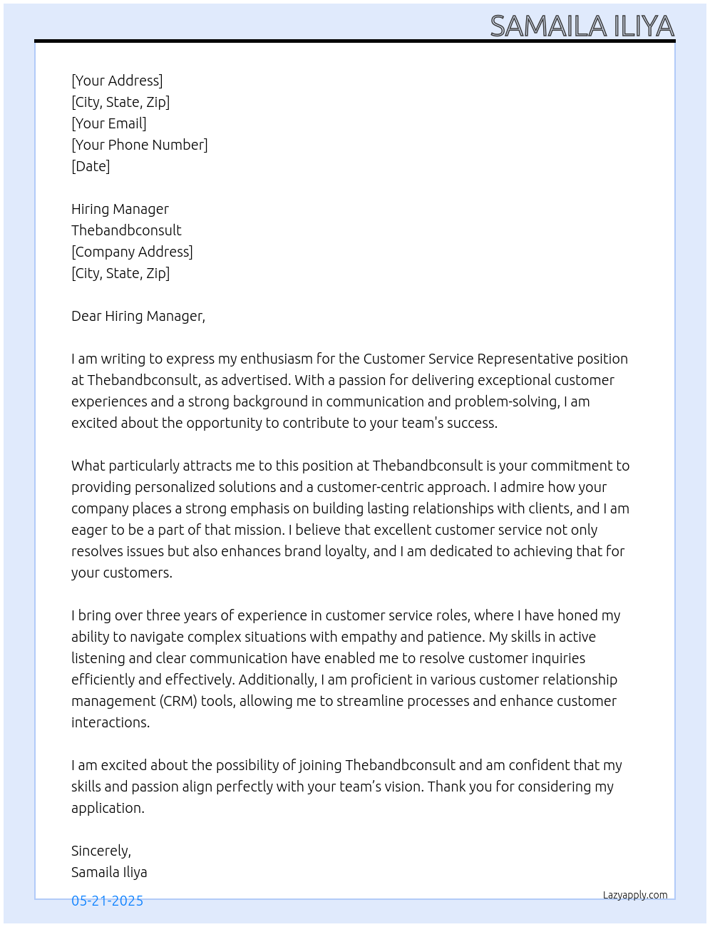 Customer Service Representative At Thebandbconsult Cover Letter