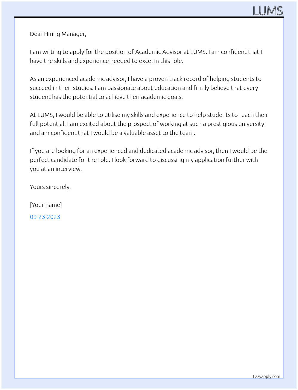 Academic Advisor At LUMS Cover Letter