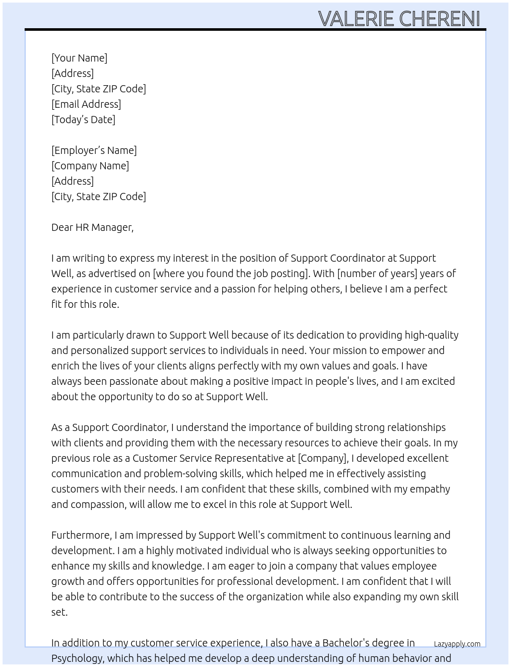 Support Coordinator  At Support Well Cover Letter