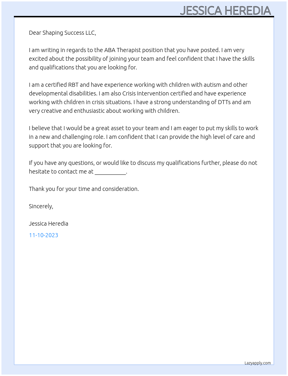 ABA Therapist  At Shaping Success LLC Cover Letter