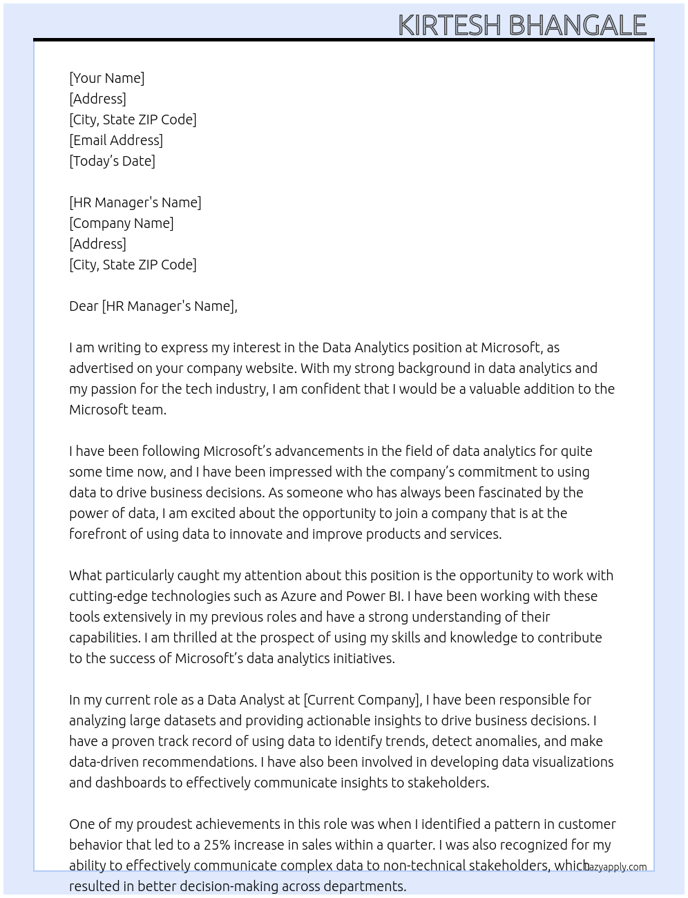 Data Analytics  At microsoft Cover Letter