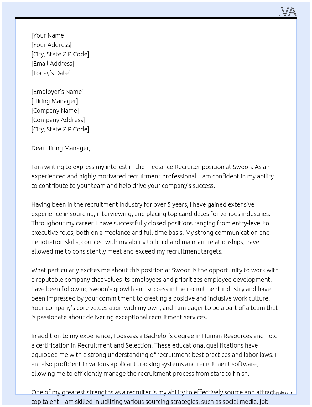 Cover letter for freelance recruiter - LazyApply