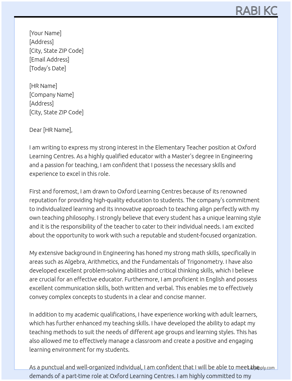 elementary teacher At Oxford Learning Centres Cover Letter