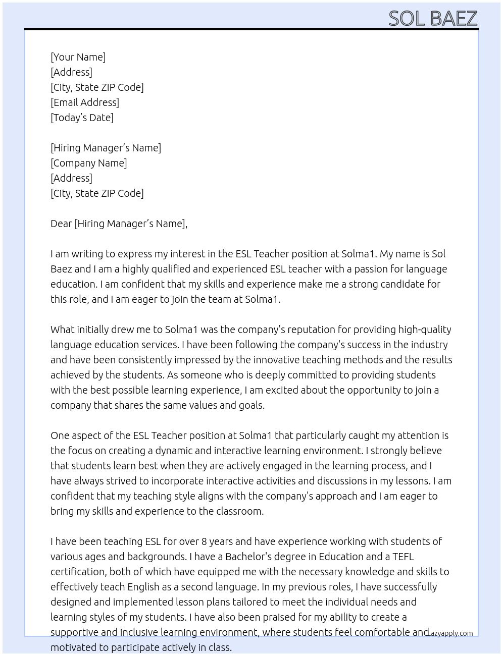 ESL teacher At Solma1 Cover Letter