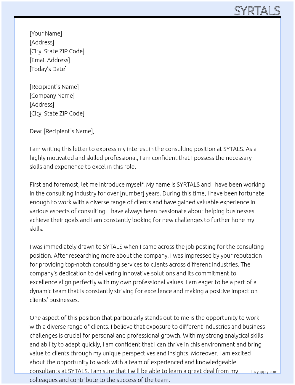 Consulting At SYTALS Cover Letter