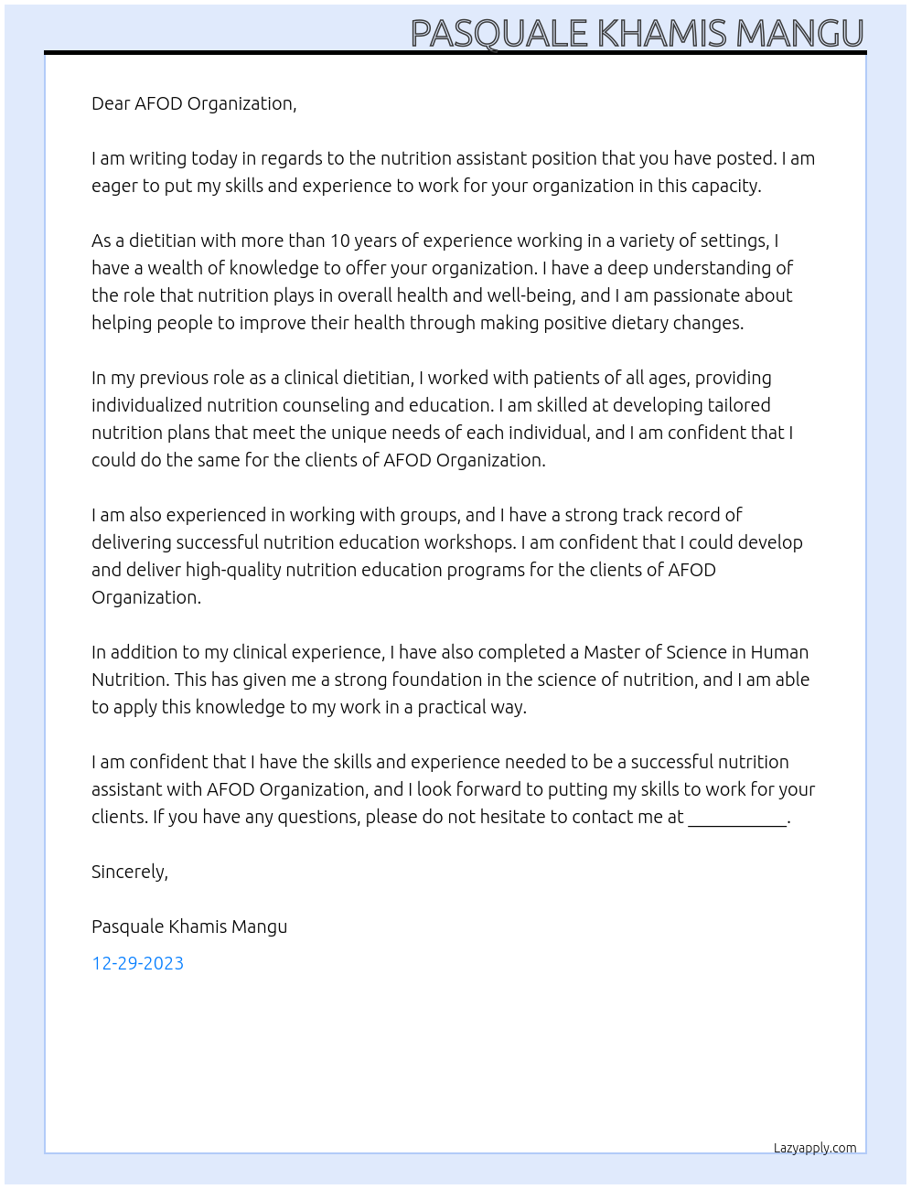 Nutrition assistant At AFOD ORGANIZATION Cover Letter