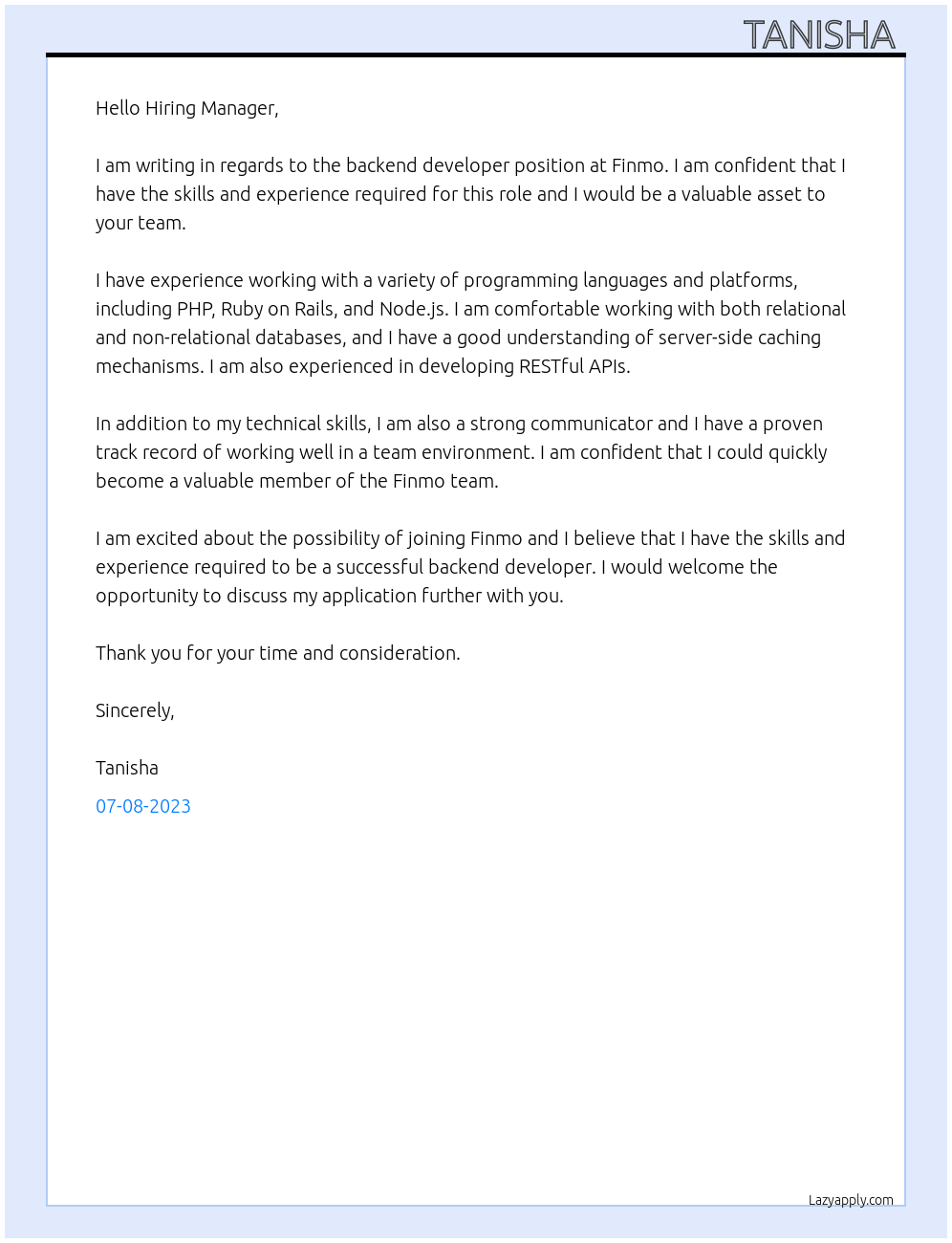 Backend developer At Finmo Cover Letter