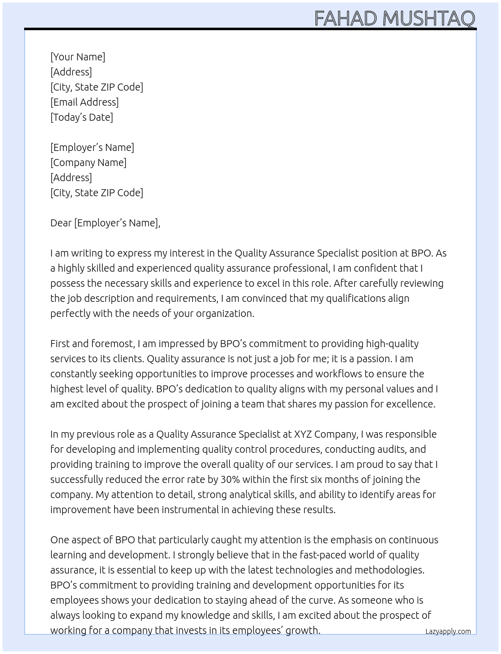 Quality Assurance Specialist At BPO Cover Letter