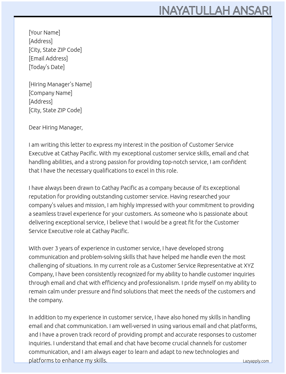 Customer service executive At Cathay Pacific Cover Letter