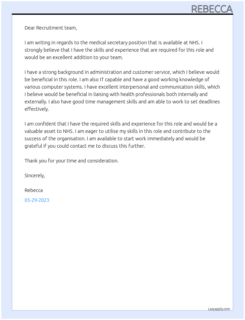 Medical secretary  At NHS  Cover Letter