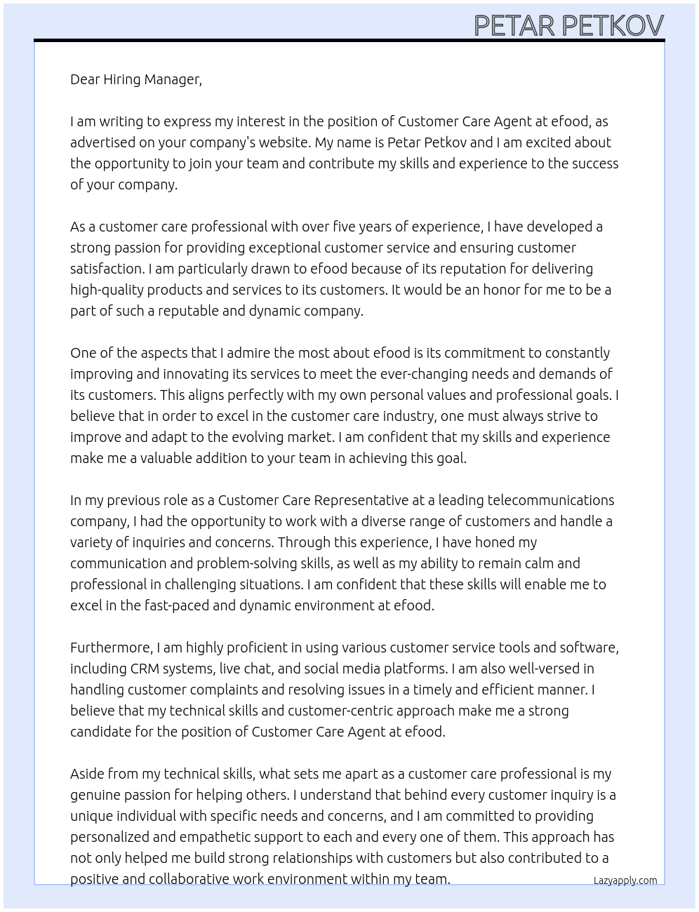 Customer Care Agent At efood Cover Letter