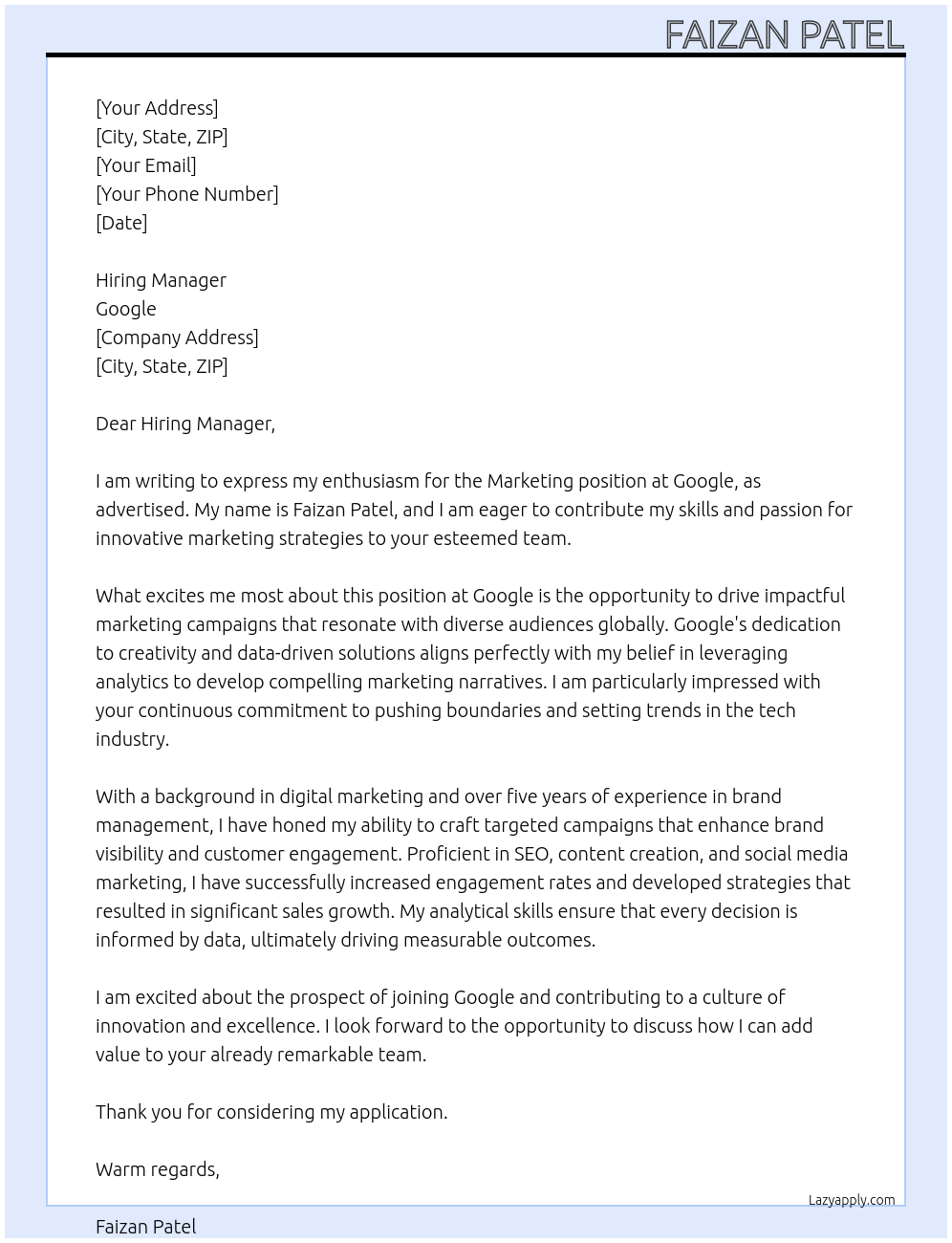 Marketing At google Cover Letter