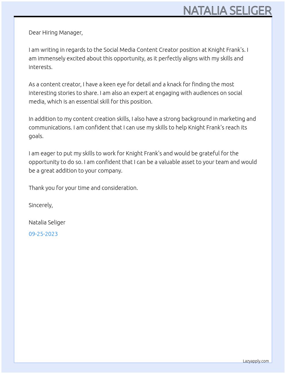 Social Media Content Creator  At Knight Frank's Cover Letter