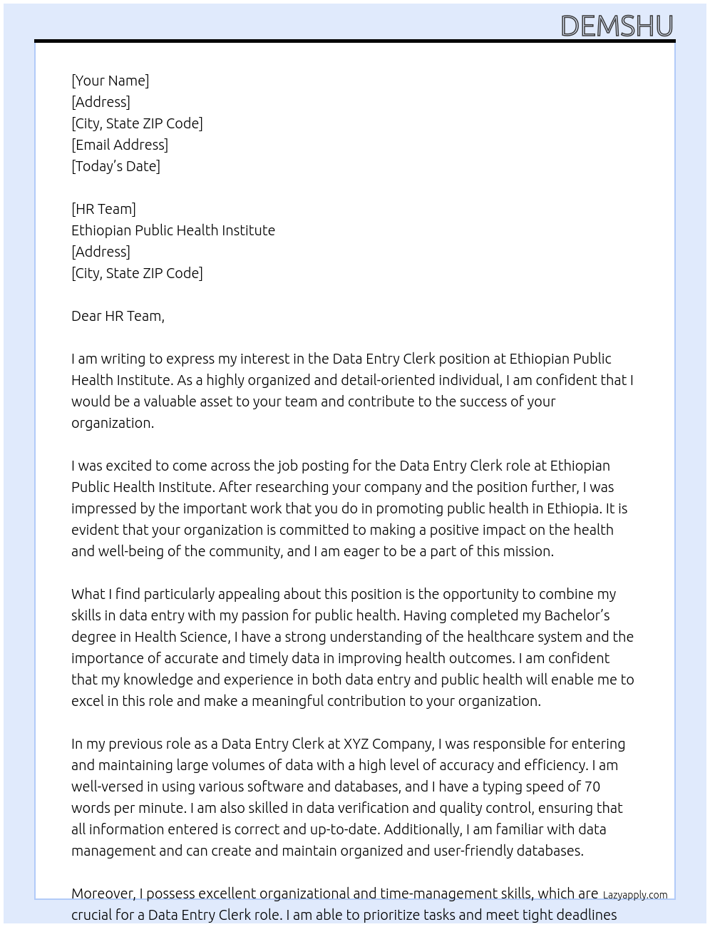 Data entry Clerk At Ethiopian public health institute Cover Letter