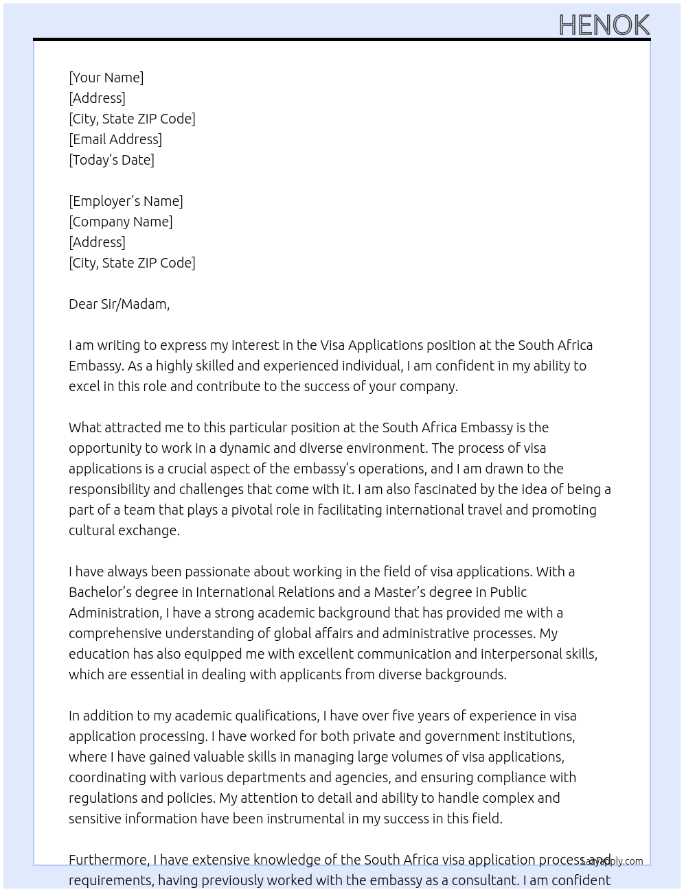 Cover letter for visa applications - LazyApply
