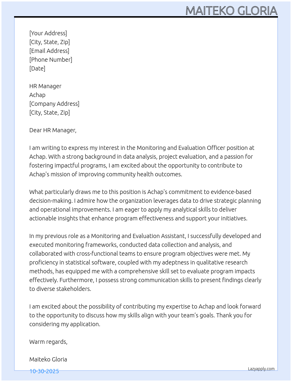 Cover letter for monitoring and evaluation officer - LazyApply