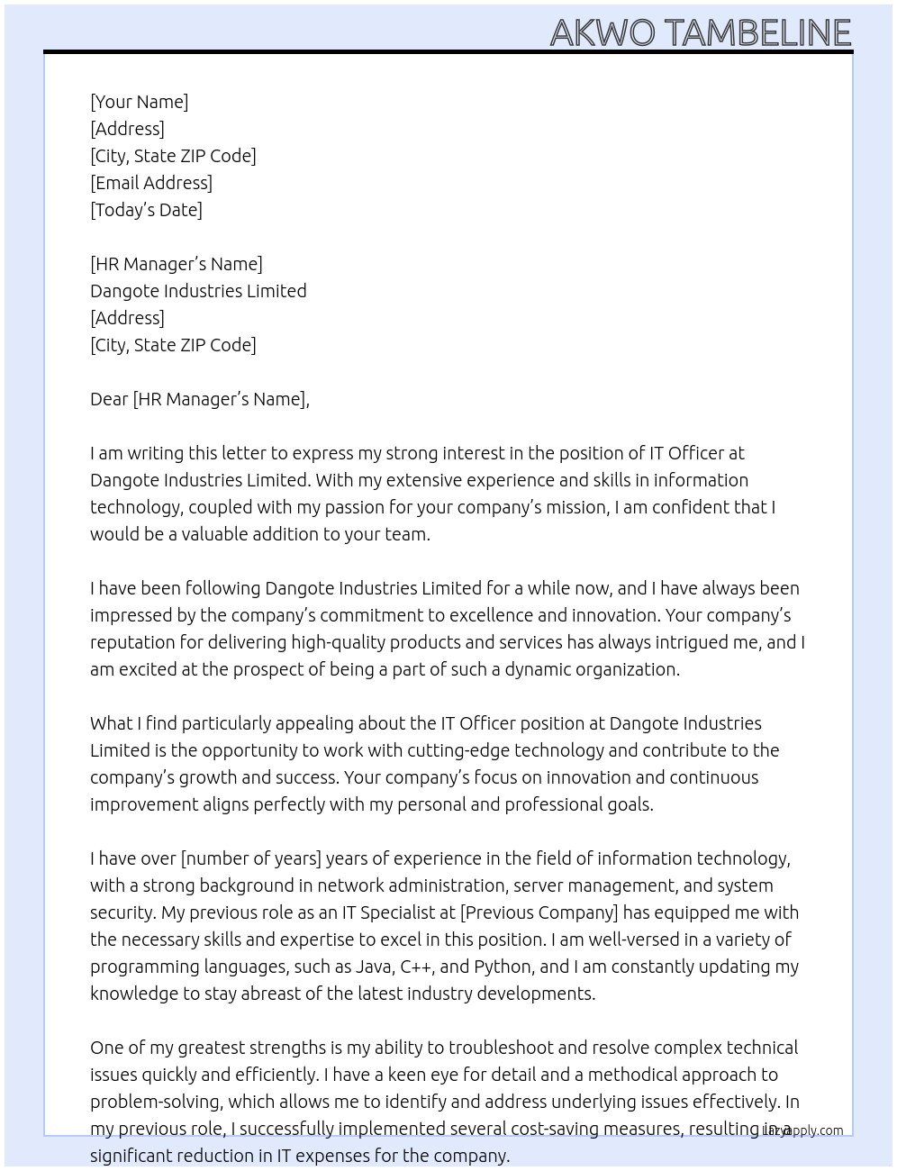 it officer At Dangote Industries Limited Cover Letter