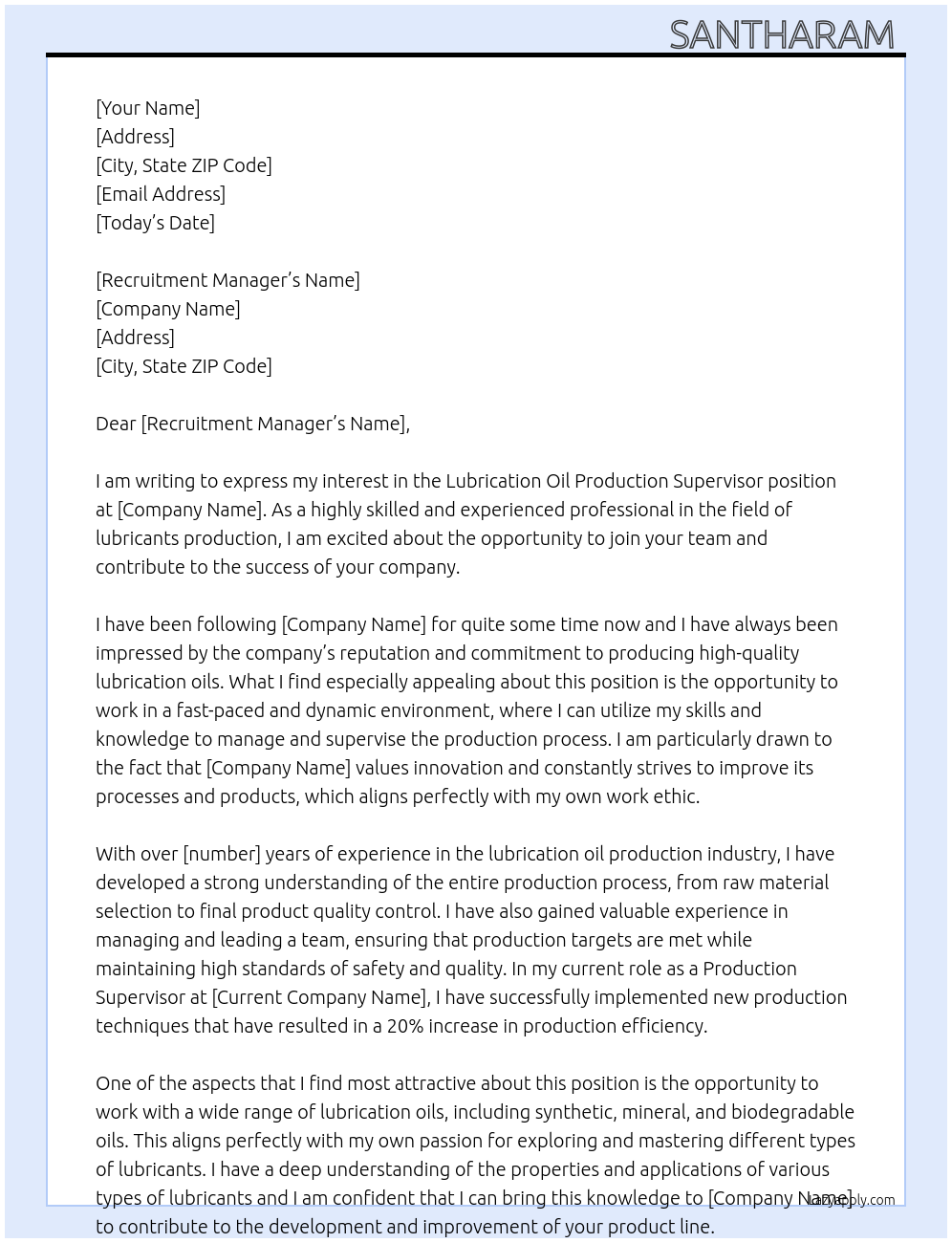 Cover letter for lubrication oil production supervisor - LazyApply