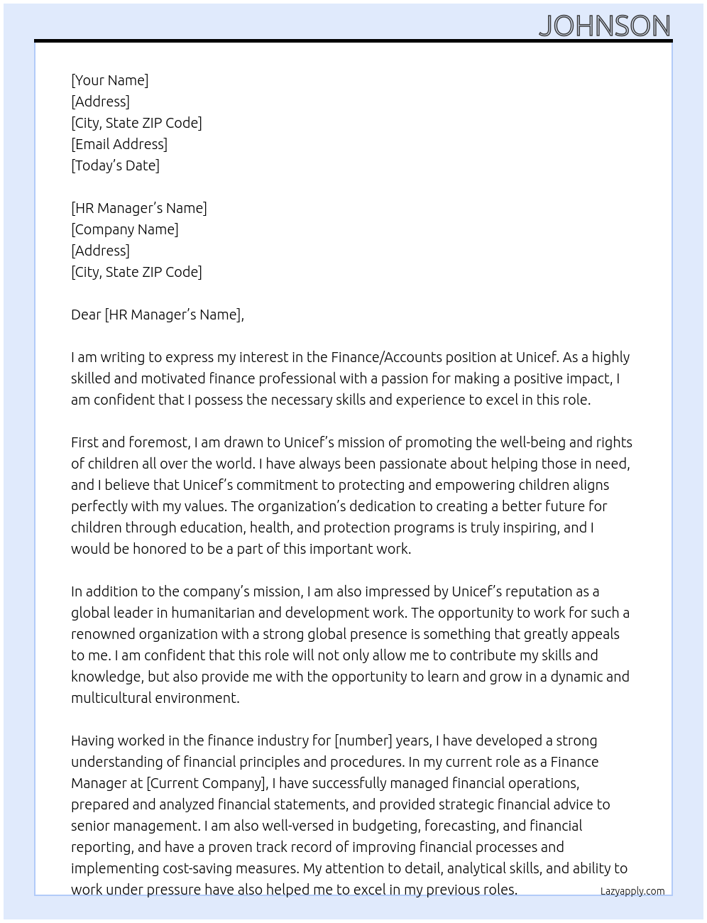 Finance/ Accounts  At Unicef Cover Letter