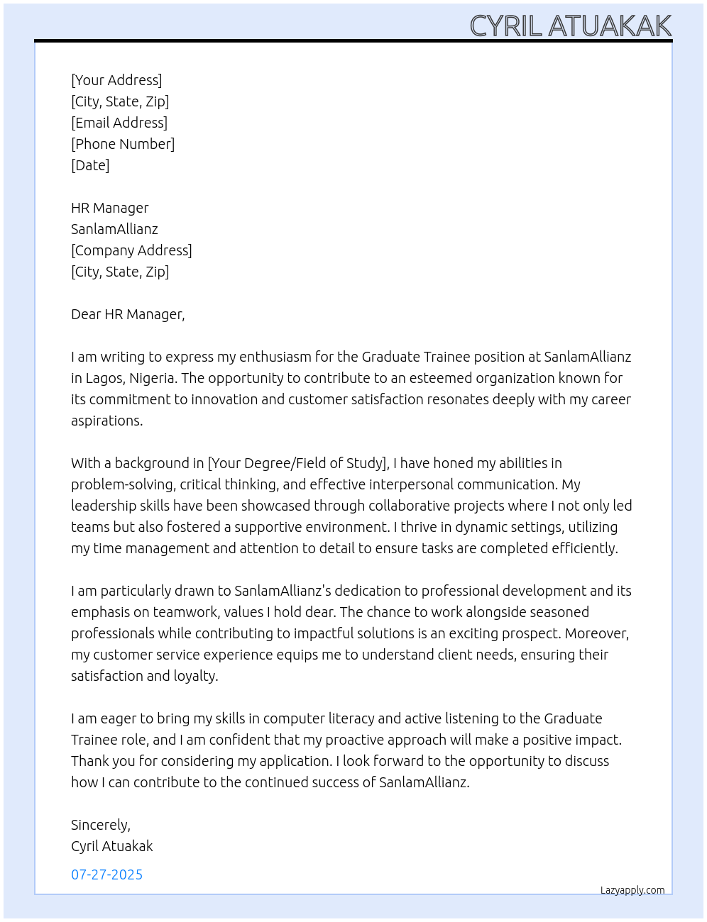 Graduate Trainee  At  SanlamAllianz  Cover Letter