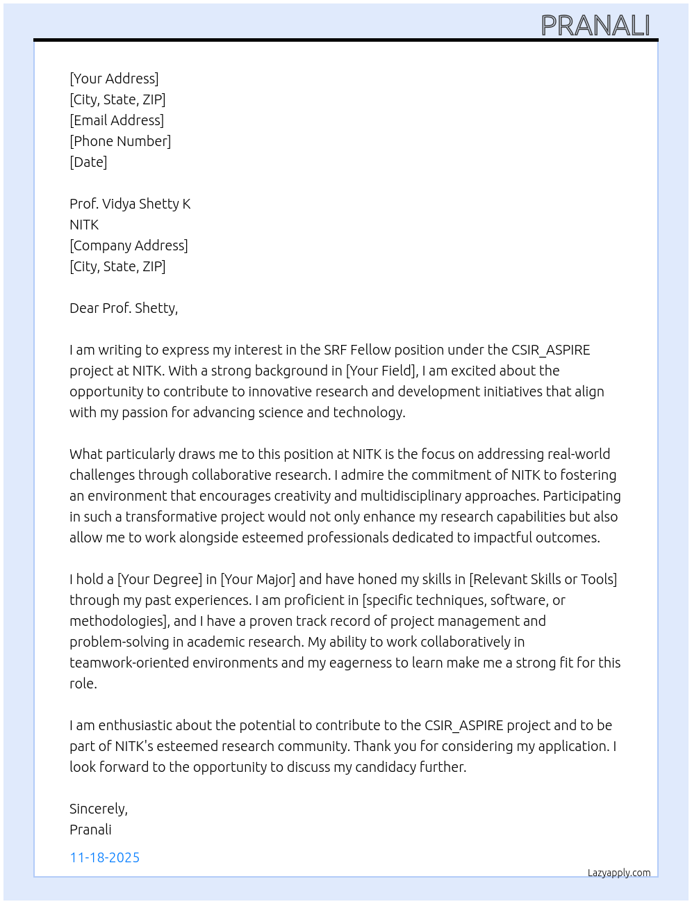 Cover letter for srf feloow under csir_aspire project i nitk - LazyApply