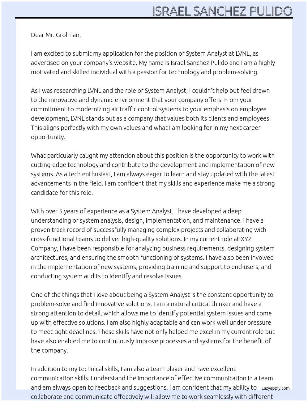 System Analyst At LVNL Cover Letter