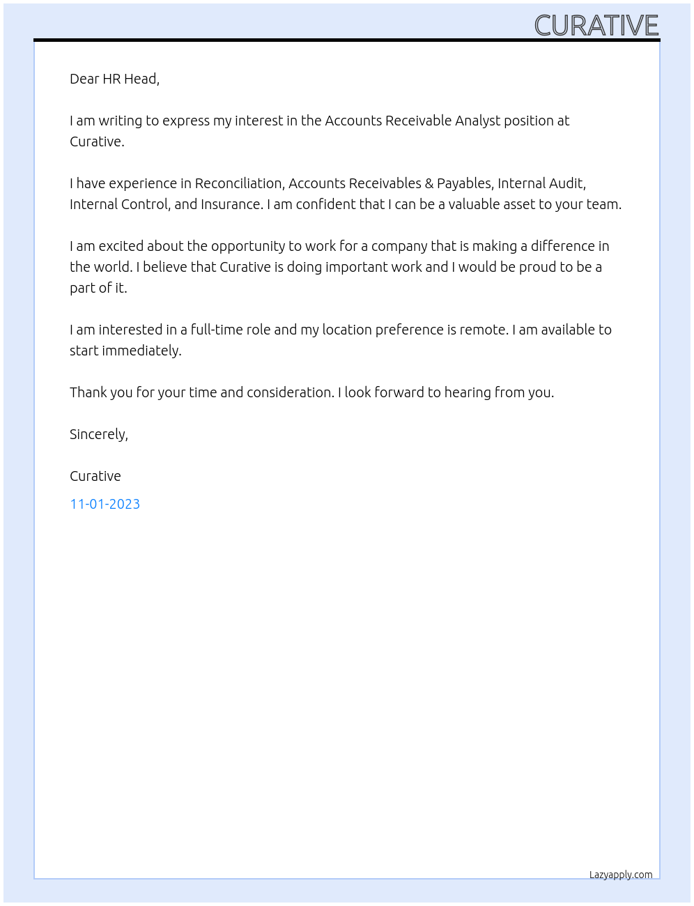 Accounts Receivable Analyst At Curative Cover Letter